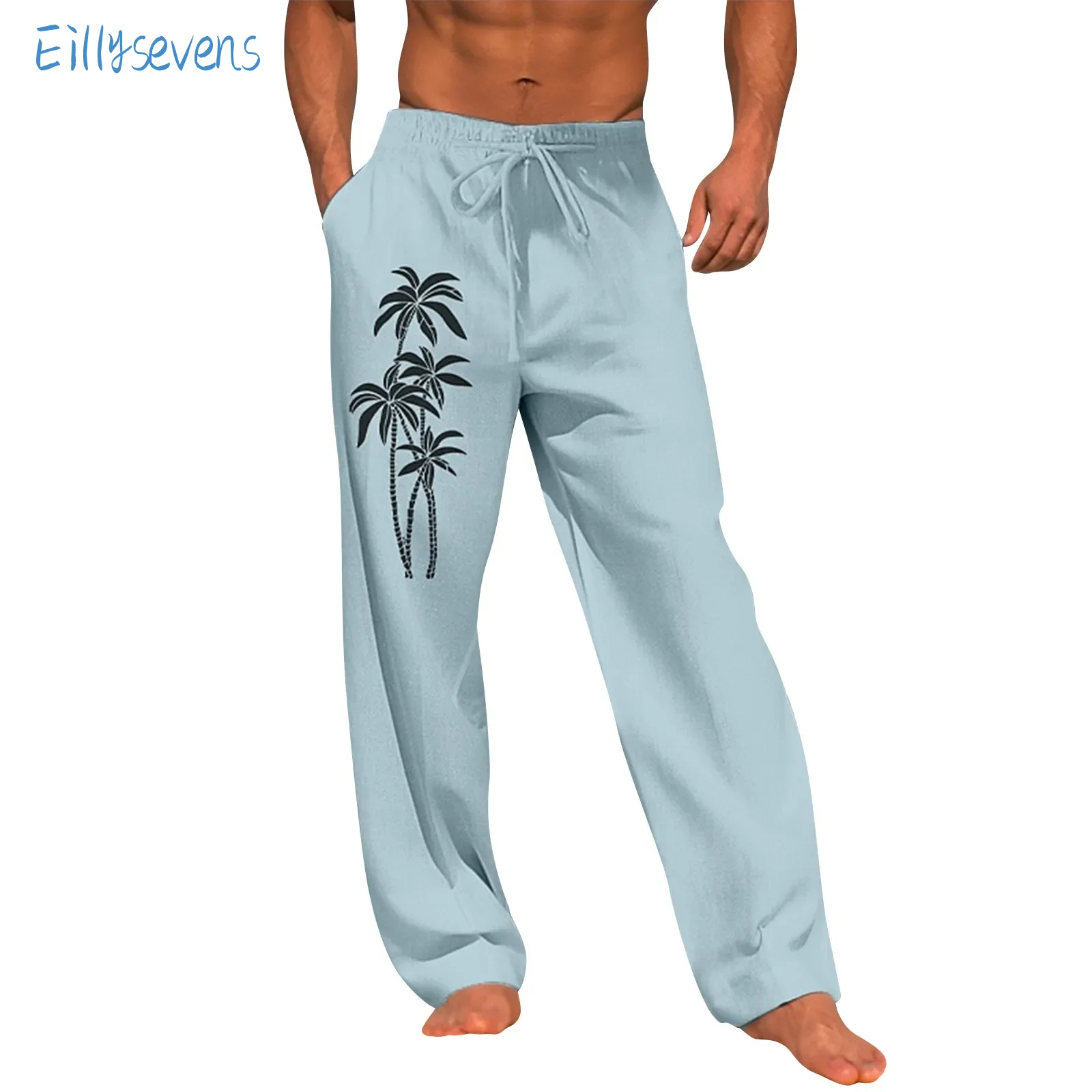 

Мужские повседневные свободные брюки, удобные крутые хлопковые льняные Простые штаны с гавайским принтом и широкими штанинами на завязках