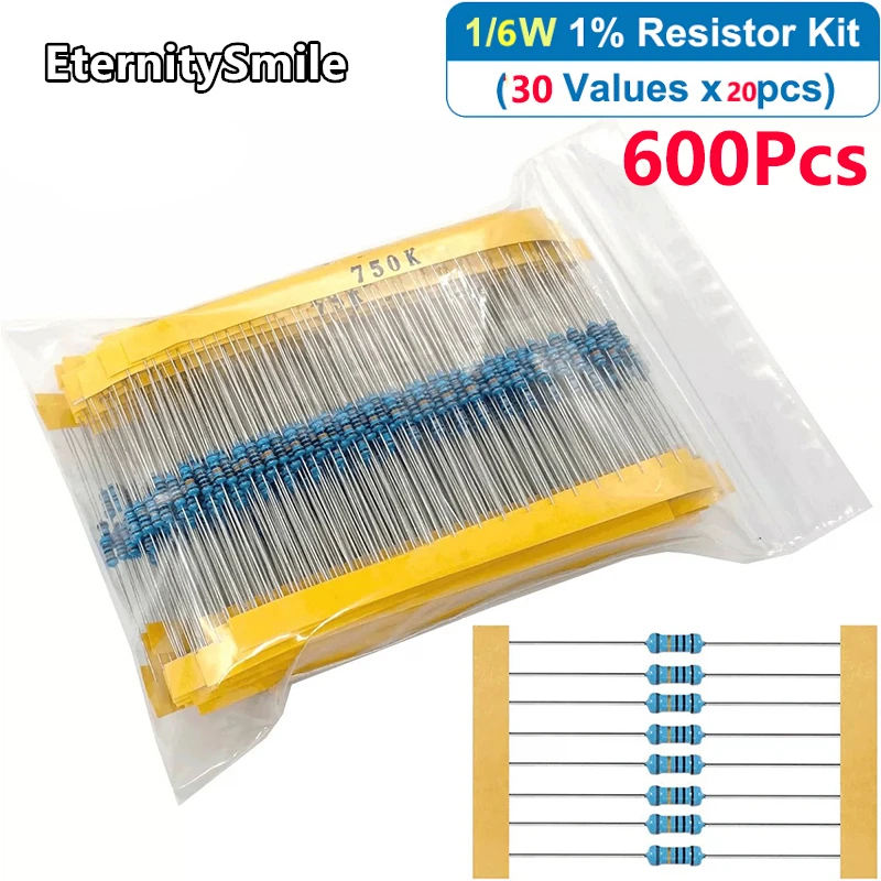 

600Pcs/Pack 30 Values 1/6W 1/8W 1% Metal Film Resistors Kit 10Ohm-680OR-1k-680k-1M High Precision Resistance Set Assortment