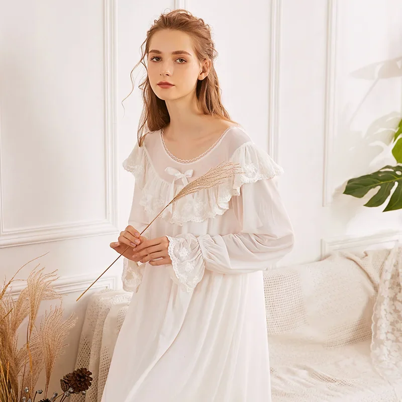 

Fairy White Night Dress Romantic Lace Nightgown Vintage Dressing Gown Nightwear Women Long Sleeve Peignoir Princess Sleepwear