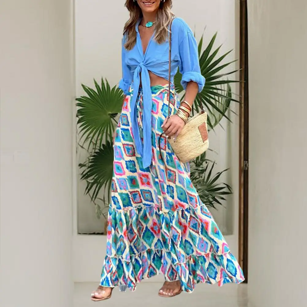 

Ladies Skirt Colorful Rhombus Print High Waist Bohemian A-line Big Hem Patchwork Ruffle Drawstring Beach Maxi Skirt