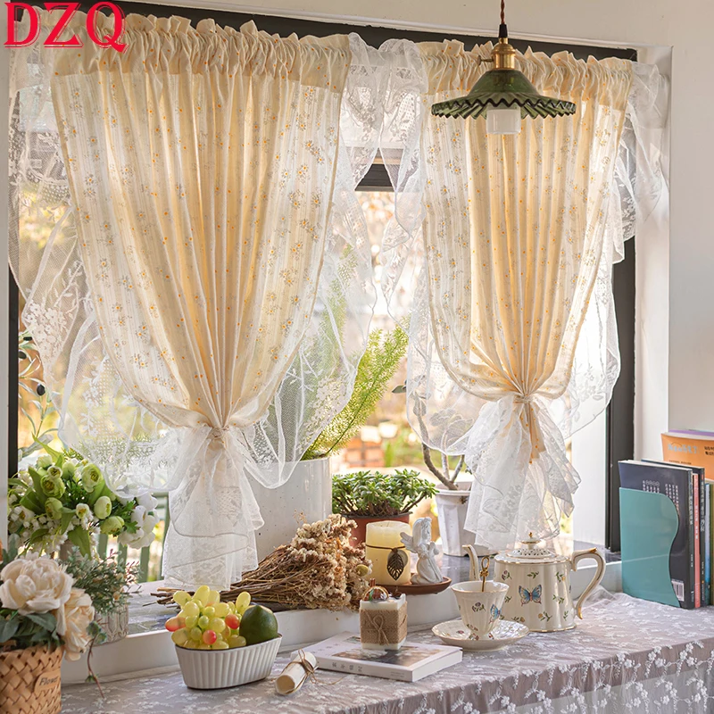 

170*150 Idyllic Daisy Window Tulle Door Curtain Flowers Warp Ruffled Rural Gauze Half Curtain for Kitchen Bedroom Balcony #A102