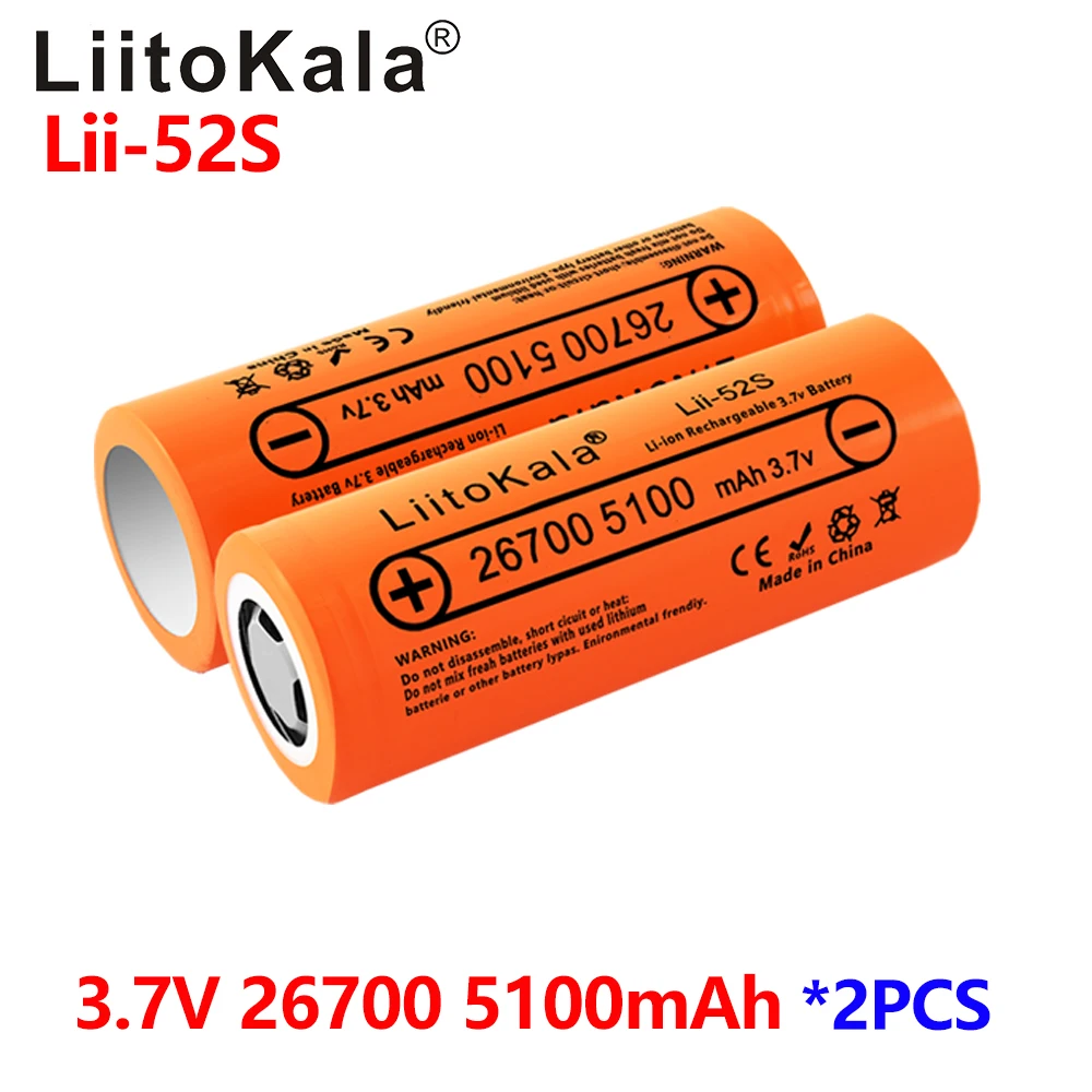 2pcs LiitoKala Lii-52S 26700 5100mAh 3.7V Rechargeable lithium battery cell for 36V e-bike power HID solar light/3C15A discharge
2pcs LiitoKala Lii-52S 26700 5100mAh 3.7V Rechargeable lithium battery cell for 36V e-bike power HID solar light/3C15A discharge