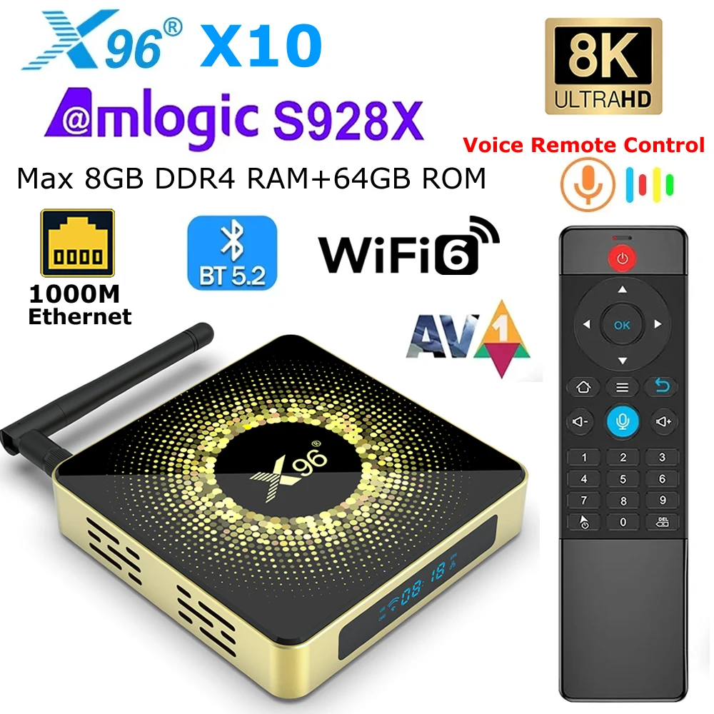 

Amlogic S928X TV Box X96 X10 8GB DDR4 RAM 64GB ROM USB3.0 Wifi6 BT5.2 1000M LAN Max 8K Resolution Output Android 11 Media Player