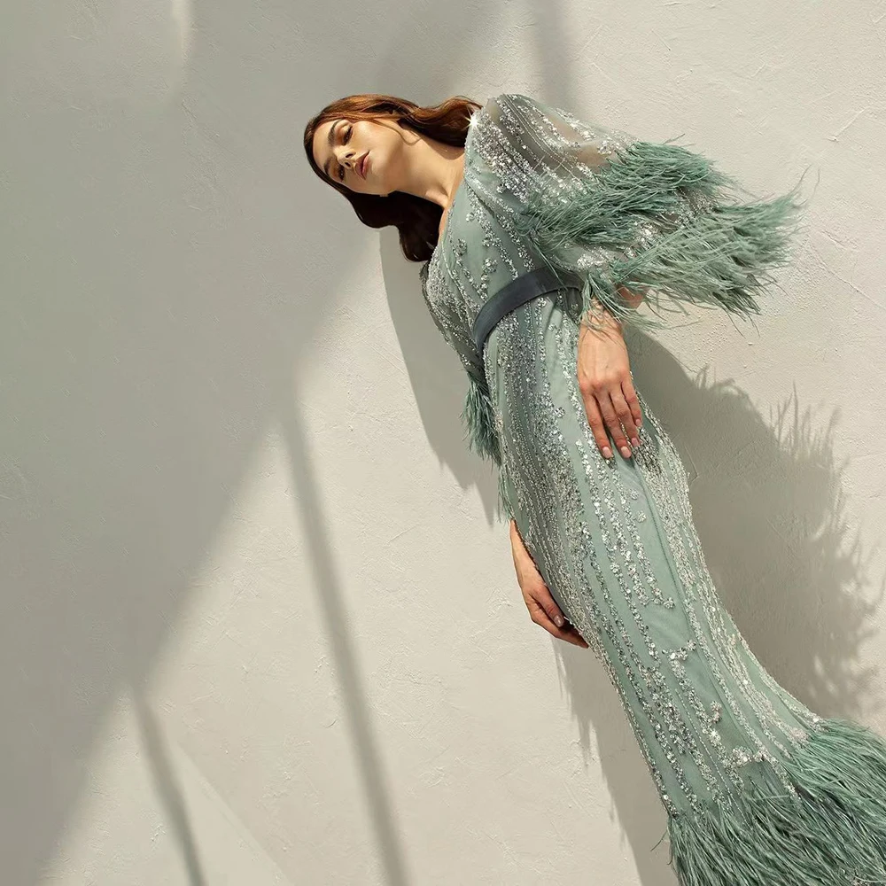 Muslim Green Luxury Evening Dress With Feathers Women Half Sleeves Mermaid Prom Party Gown Costume Formal Long Ankle length Robe
Muslim Green Luxury Evening Dress With Feathers Women Half Sleeves Mermaid Prom Party Gown Costume Formal Long Ankle length Robe