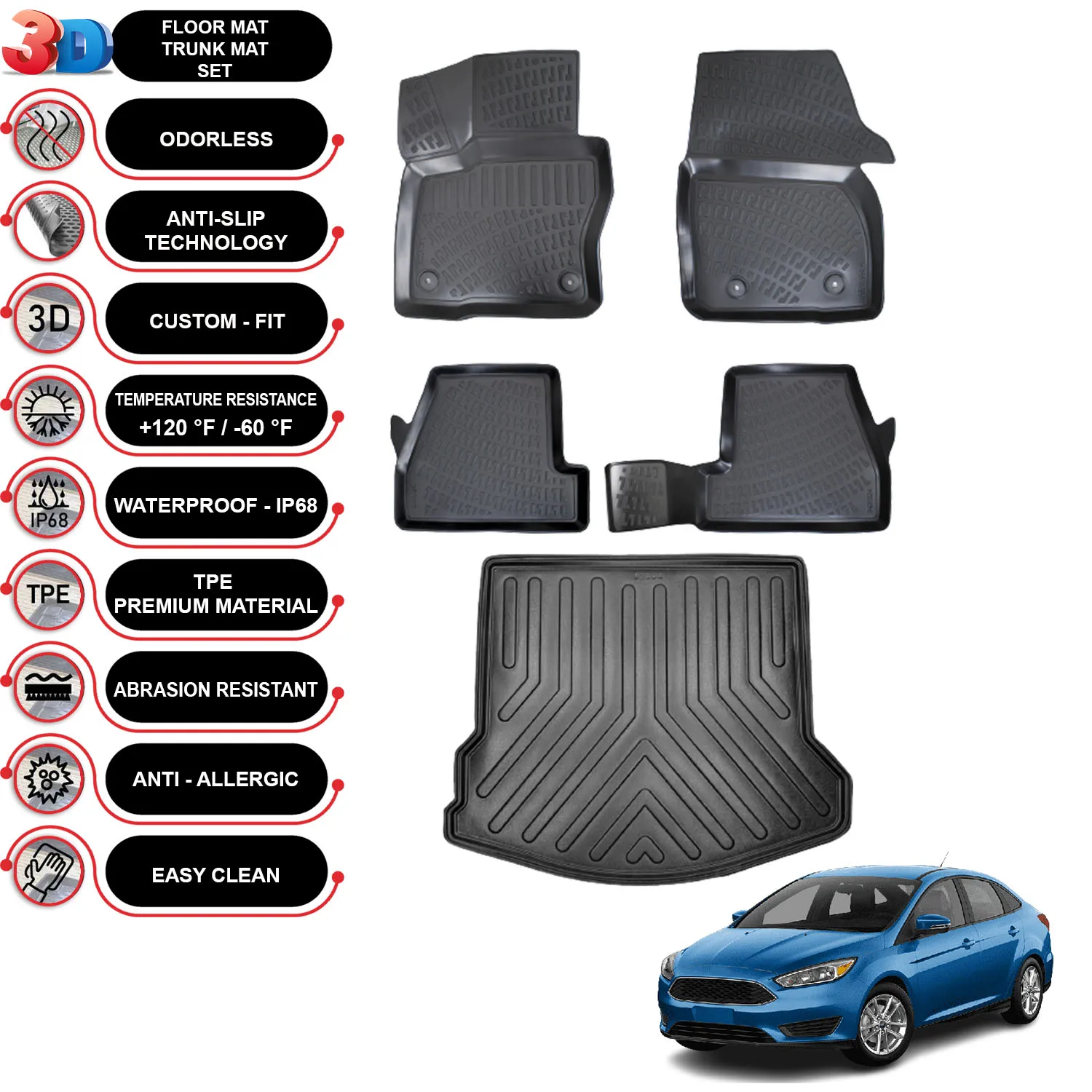 Ford Focus 3 Sedan (2014-2018) - Floor Mats + Cargo Trunk Liner - SET - (Black)
Ford Focus 3 Sedan (2014-2018) - Floor Mats + Cargo Trunk Liner - SET - (Black)