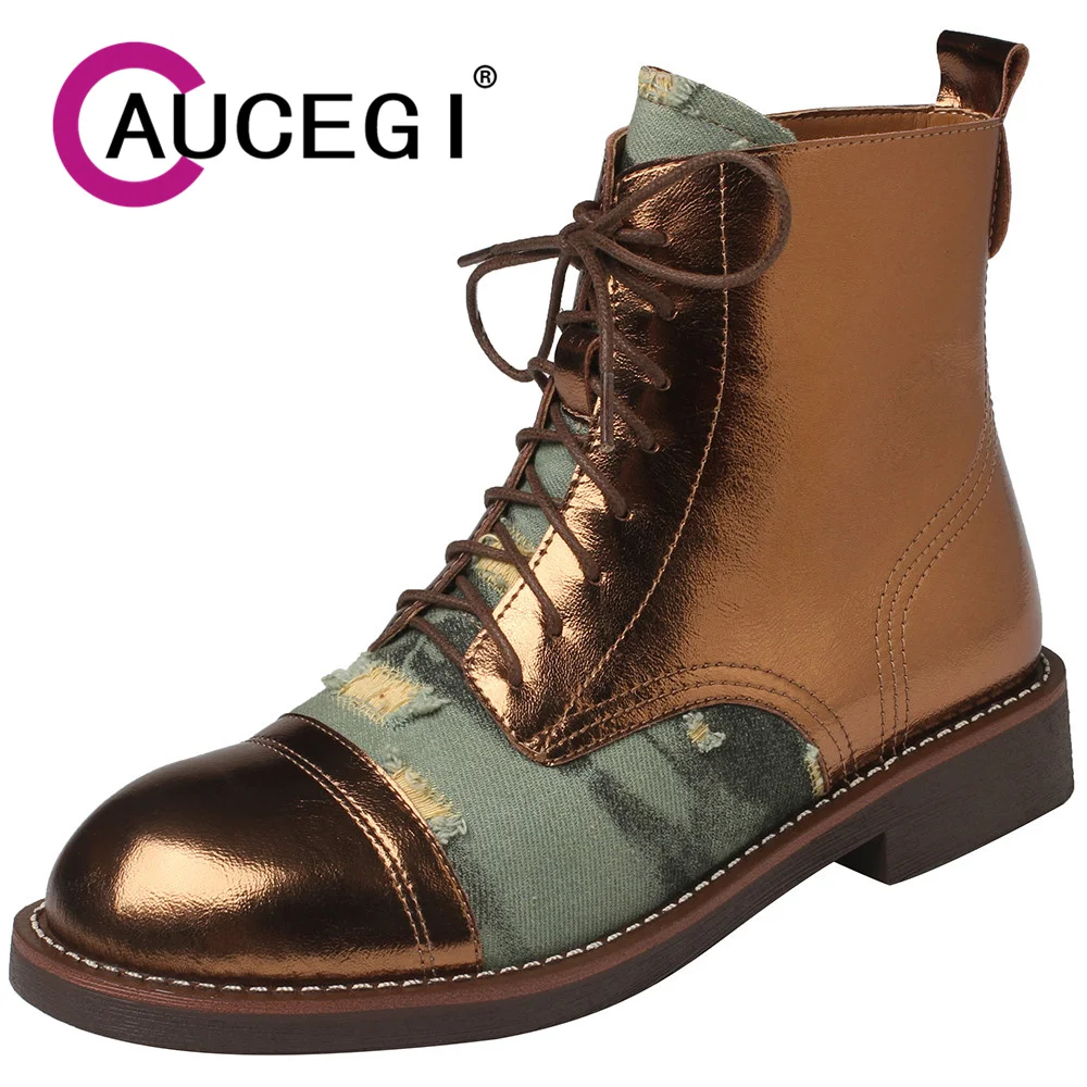 Aucegi Women Genuine Leather Splicing Denim Round Toe Ankle Boots Handmade Street Style Autumn Winter Thick Heels Commuter Shoes
Aucegi Women Genuine Leather Splicing Denim Round Toe Ankle Boots Handmade Street Style Autumn Winter Thick Heels Commuter Shoes