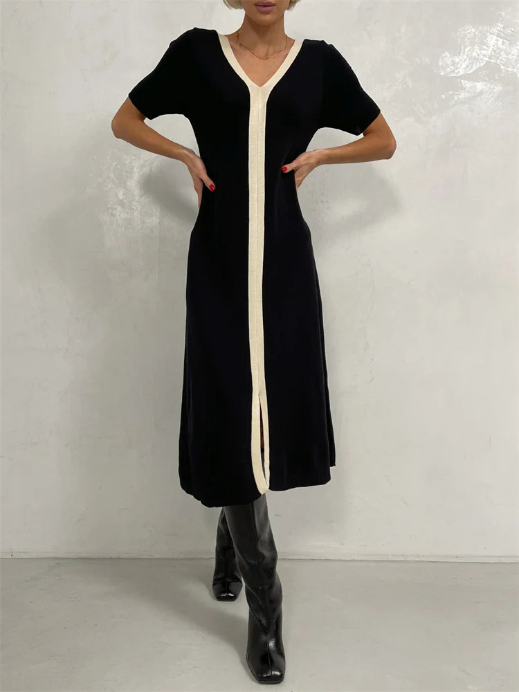 

Tossy Contrast Slim Fashion Maxi Dress For Women V-Neck Short Sleeve Patchwork Elegant Gown Dress Female Split Long Dress 2024