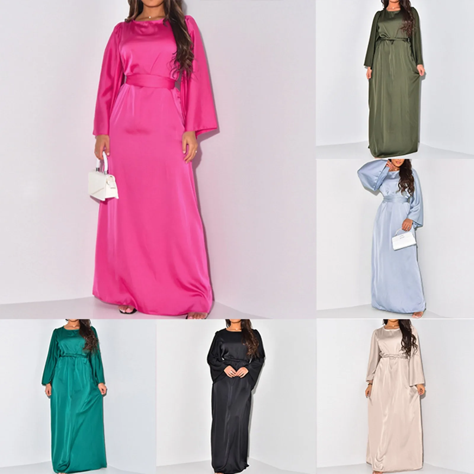 

Elegant Solid Colour Satin Gown Dresses Women's Temperament Long Sleeved Waisted Tie Long Dresses Plus Size Loose Dresses