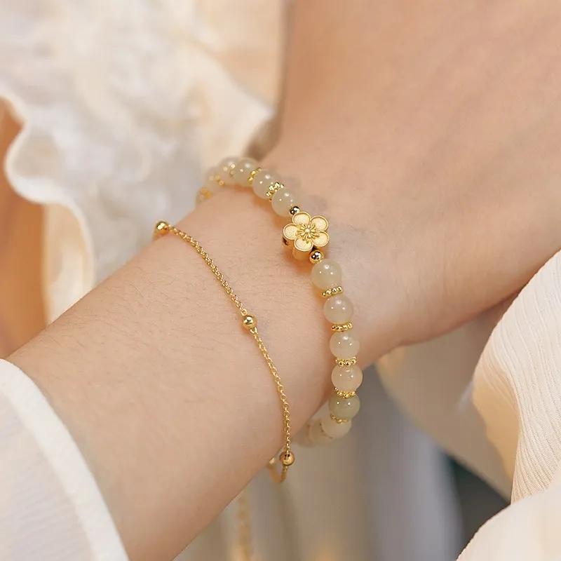 

New in Natural Hetian Jade Small peach blossom Double Bracelet for Women flower Romantic Fresh Beaded Bangles Wedding Jewelry