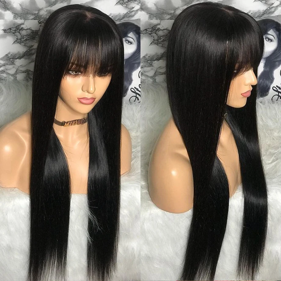 

Straight Human Hair Wig with Bangs Full Machine Made Wig Glueless Wig Virgin Hair Ready To Wear 180% Density Black Straight Wig