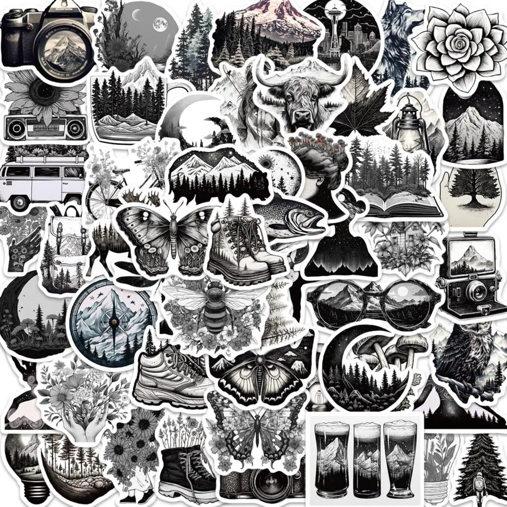 

10/60pcs Stickers Black And White Nature Scene Graffiti Skateboard Waterproof Suitcase Luggage DIY Laptop Car Stickers Decals