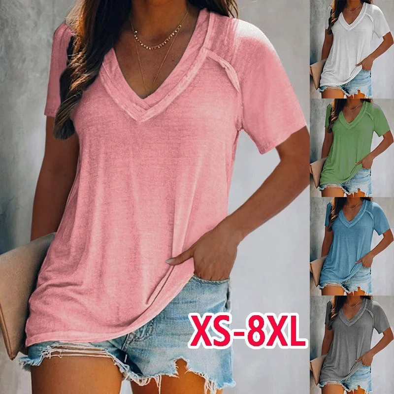 Women Fashion Summer Clothing Casual Short Sleeved T-shirt Solid Color Loose Blouse Ladies Fashion Deep V-neck Shirt Cotton Tops
Women Fashion Summer Clothing Casual Short Sleeved T-shirt Solid Color Loose Blouse Ladies Fashion Deep V-neck Shirt Cotton Tops