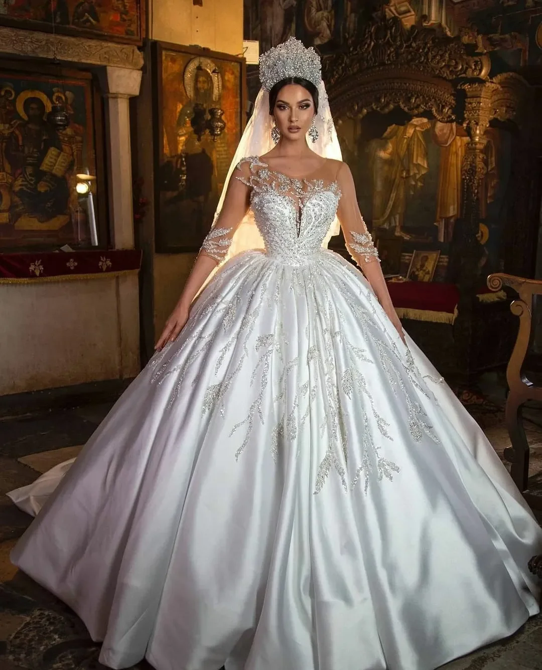 Luxury Beading Appliques Satin Wedding Dress Scoop Neck Illusion Sleeves Lace Up Bridal Dress Custom Made Vestido De Novia
Luxury Beading Appliques Satin Wedding Dress Scoop Neck Illusion Sleeves Lace Up Bridal Dress Custom Made Vestido De Novia