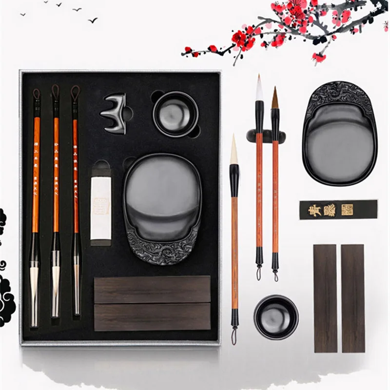 

Chinese Calligraphy Study Four Treasures Brush Inkstone Town Ruler Lnk Bar Beginner Adult Practice Lettering Gift Box Art Set