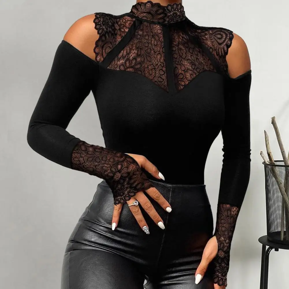 

Spring Autumn Top Elegant Lace Stitching Beads Decor Blouse Versatile Mock Neck Pullover Top for Women Slim Fit Tee Shirt