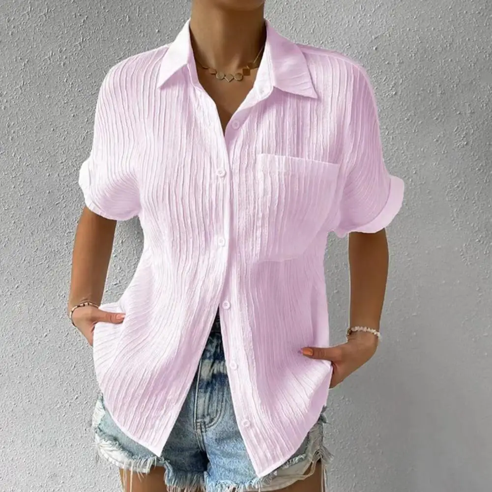 Women Summer Shirt Pocket Lapel Collar Short Sleeves Solid Color Single Breasted Casual Pleated Office Lady Shirt Streetwear
Women Summer Shirt Pocket Lapel Collar Short Sleeves Solid Color Single Breasted Casual Pleated Office Lady Shirt Streetwear