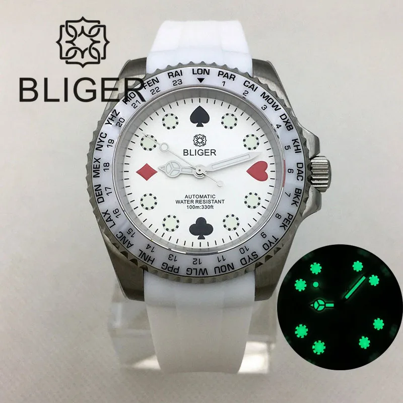 

BLIGER 40mm Japan NH35 Automatic Mens Watch Sapphire Glass Luminous Sterile White Poker Dial Bezel Curved End Rubber Strap Date