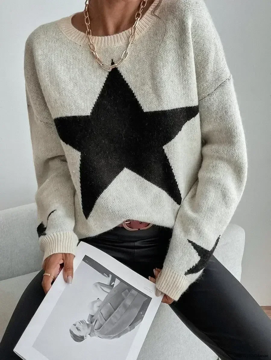 

Женский вязаный свитер со звездами, Свободный Повседневный плотный пуловер с круглым вырезом, элегантный модный свитер на зиму и весну, 2024