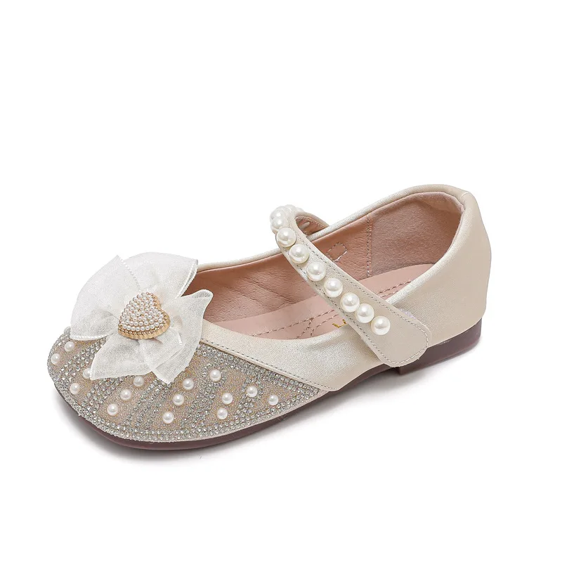 

Brand Kids Spring Dress Shoes With Full Pearls For Girls Apricot Pink Toddler Flats Shoe With Cute Lace Bowtie-knot For Princess