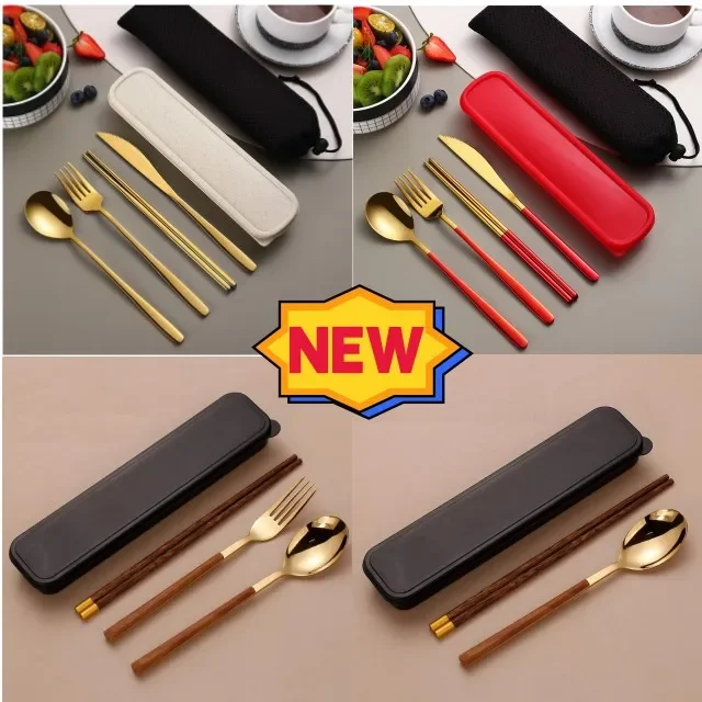 

4pcs Set Portable Cutlery Set Tableware Set Camping Dinnerware Set Stainless Steel Knife Fork Spoon Kit Travel Flatware With Box