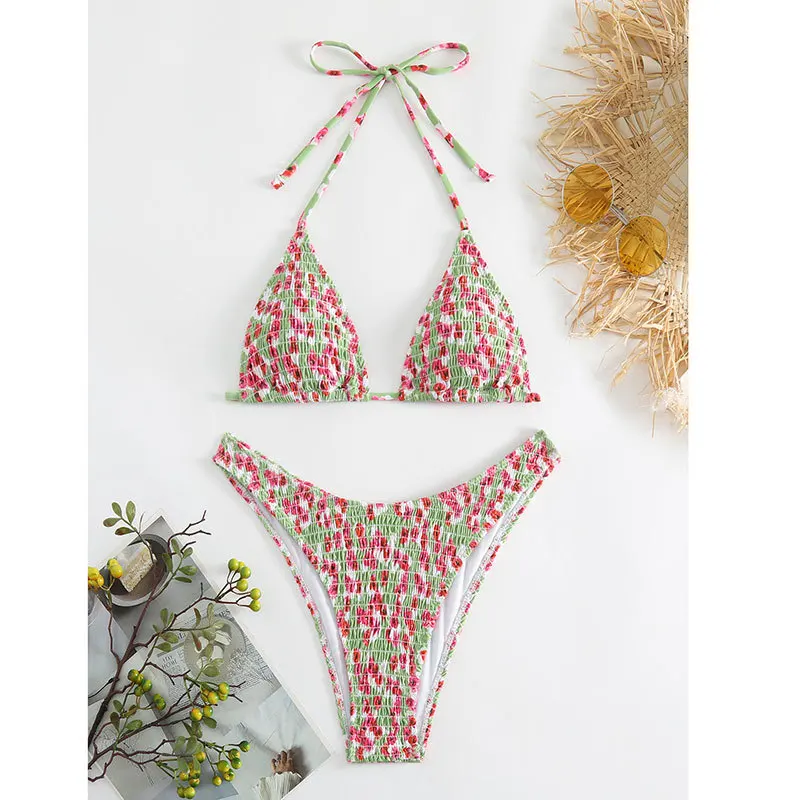 

sexy wrinkled red floral print micro bikinis set halter high waist thong Swimwear Biquini conjunto de bikini tankini beachwear