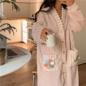 여성 캐주얼 겨울 잠옷, 루즈 코랄 플리스 로브, 나이트 가운, 여성 플로럴 홈 의류, 신제품 상품 이미지