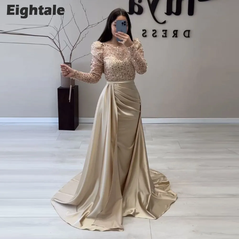 

Eightale Sparkly Evening Dress with Detachable Skirt Long Sleeves Champagne Formal Mermaid Prom Party Gowns robe de soirée