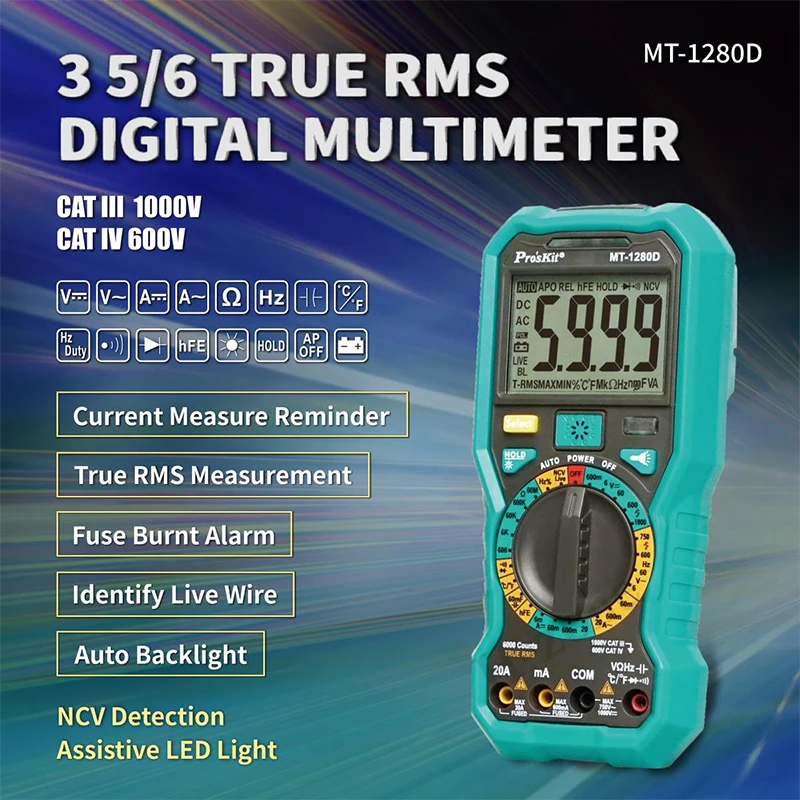 Pro'sKit Electrician's Multimeter Digital High Precision MT-1280D-C True RMS Intelligent Anti-burning Multimeter Convenient
Pro'sKit Electrician's Multimeter Digital High Precision MT-1280D-C True RMS Intelligent Anti-burning Multimeter Convenient