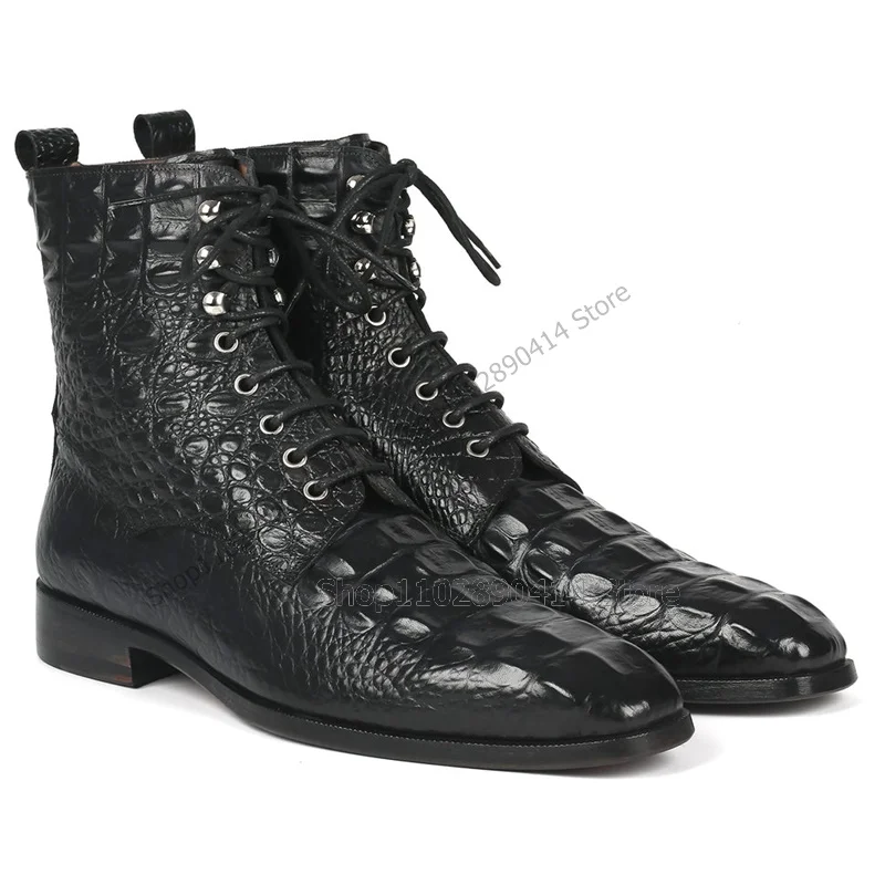 

Black Crocodile Print Cross Tied Square Toe Boots Fashion Lace Up Men Shoes Luxury Handmade Party Feast Banquet Men Dress Shoes