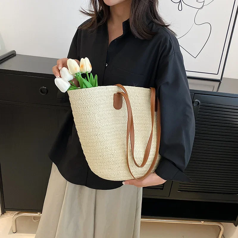 Knitted Straw Luxury Shoulder Bag - Large Woven Beach Shopper Basket 15 S5a583d6dbf614f3e8d49b16796a8a537O