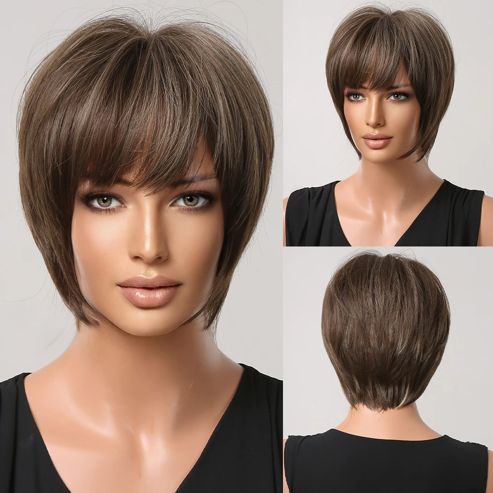 

EASIHAIR Short Synthetic Wigs for Women Pixie Cut Brown Mixed Blonde Bob Wigs With Bangs Heat Resistant Cosplay Party Fake Hair