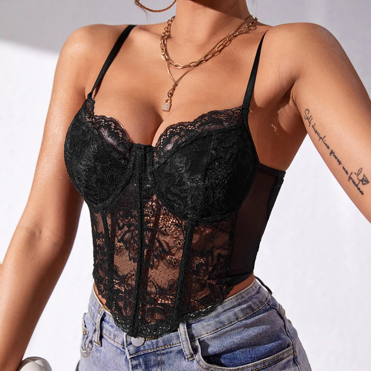 

Y2k Sheer Bustier Fishbone Lace Crop Tops with Underwire Woman's Corset Summer Sexy Slim Tank Top Spaghetti Strap Lingerie Camis