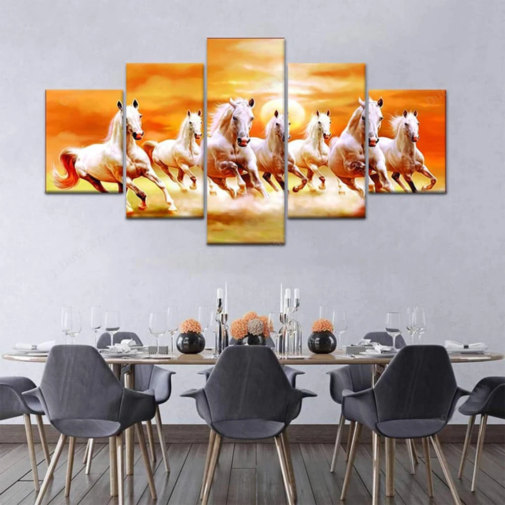 

Seven Running White Horse Animal Painting Artistic Canvas Art Poster and Prints 5PCS Wall Art Picture For Living Room Home Decor