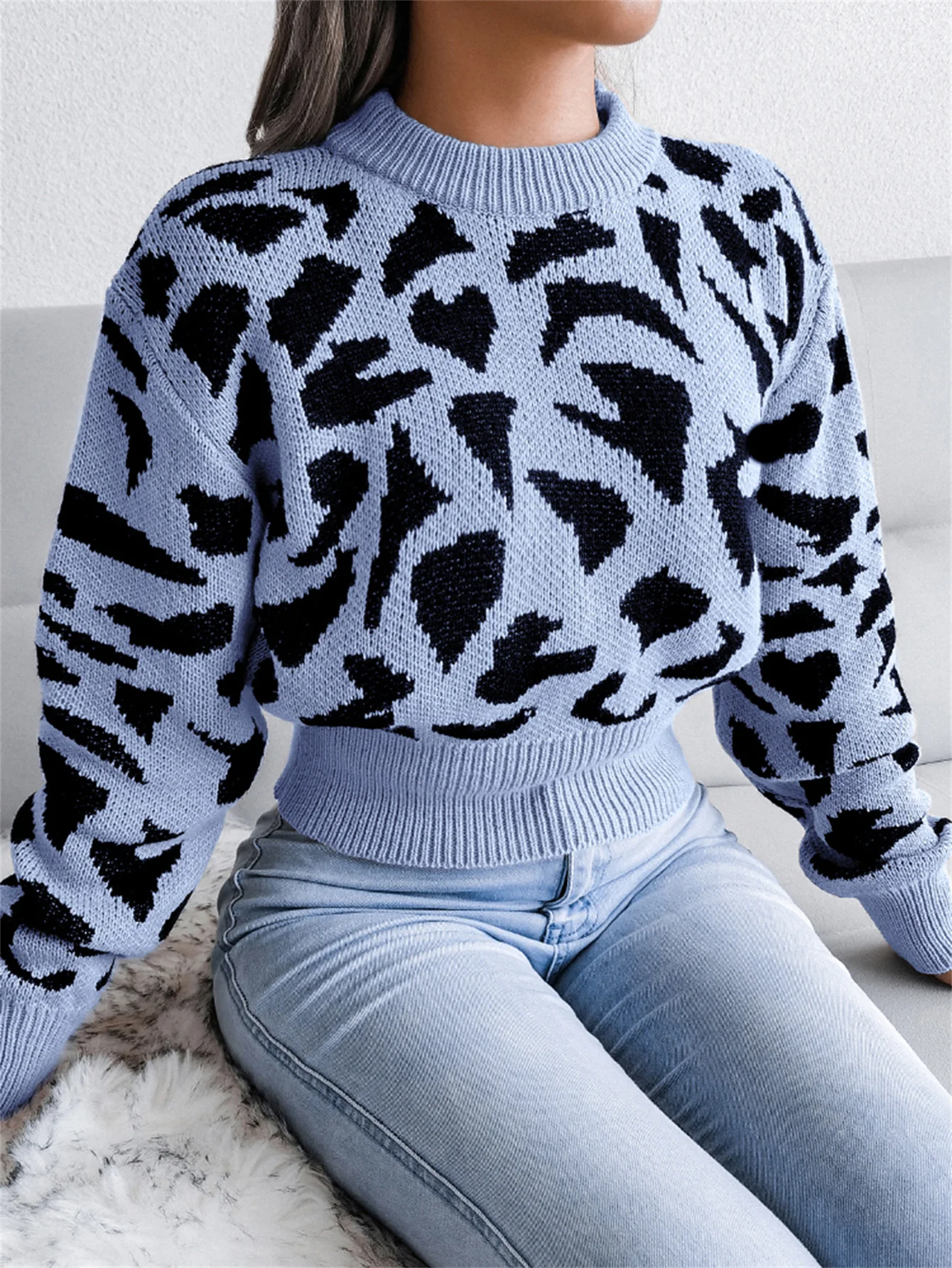 Autumn Winter Round Neck Fashion Leopard Pattern Waist Collection Short Knitted Pullover For Women Sweater Long Sleeve Top Autumn Winter Round Neck Fashion Leopard Pattern Waist Collection Short Knitted Pullover For Women Sweater Long Sleeve Top