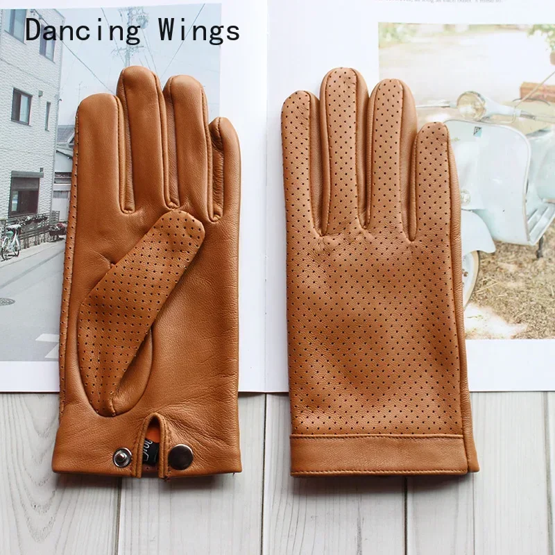 

Fashion Women's Spring Thin Lining Leather Perforated Style Black Breathable Female Sheepskin Driving Gloves