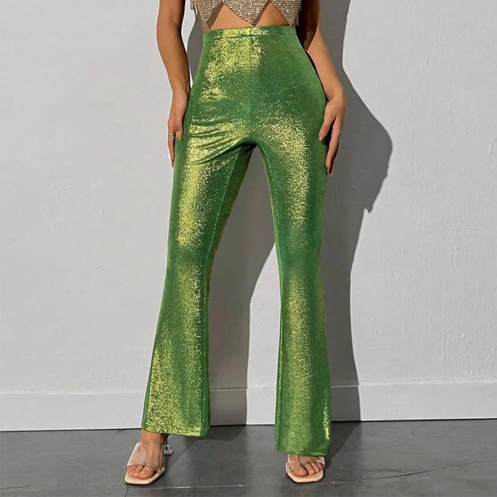 

High Waisted Glitter Pants Fall Winter Outfit Women 2024 Green Silver Sparkly Flare Sequined Trousers Party Night Clubwear