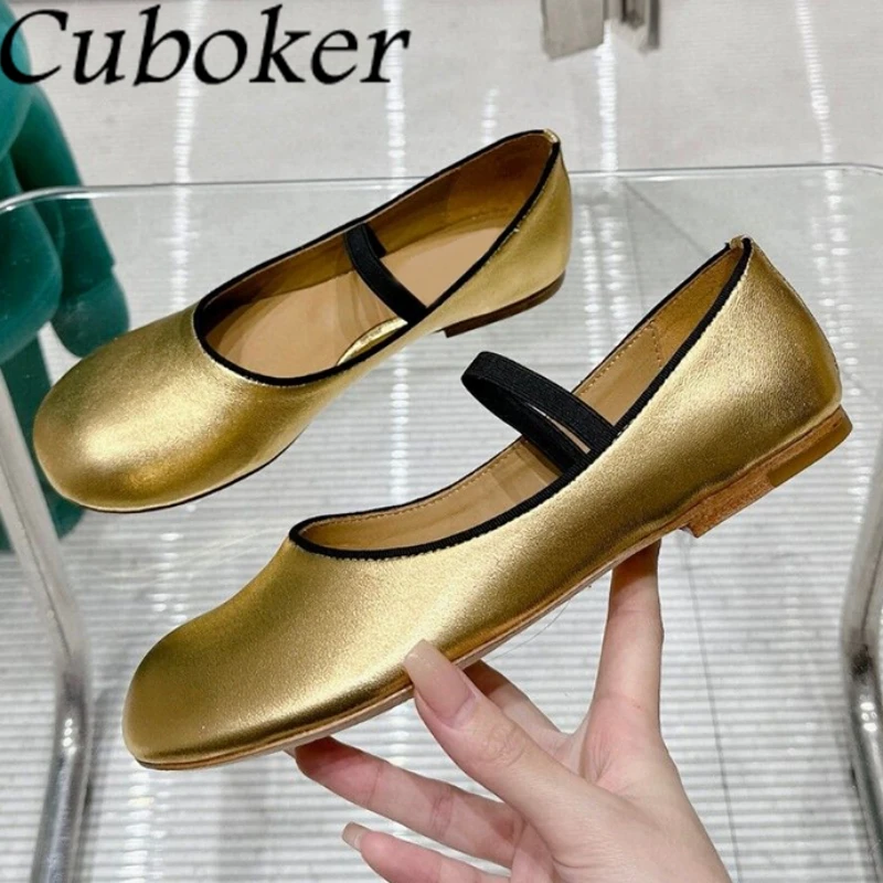 

2024 Summer Gold Ballet Flat Shoes Women Round Toe Real Leather Mary Janes Shoes Daily Casual Loafers Elegant Single Shoes Mujer