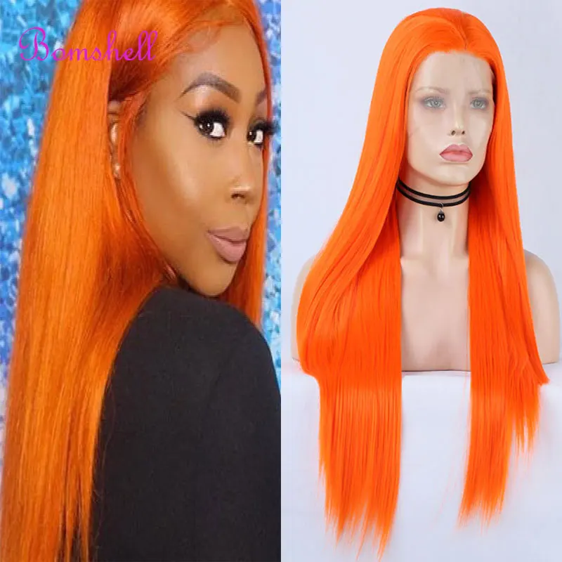 

Bombshell Ginger Orange Straight Synthetic 13X4 Lace Front Wigs Glueless High Quality Heat Resistant Fiber For Women Cosplay Wig