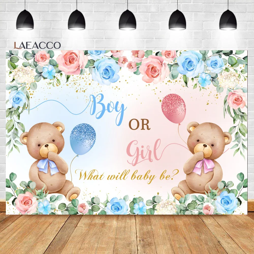 

Laeacco Bear Gender Reveal Baby Shower Party Backdrop Boy or Girl Blush Pink Blue Floral Balloon Portrait Photography Background