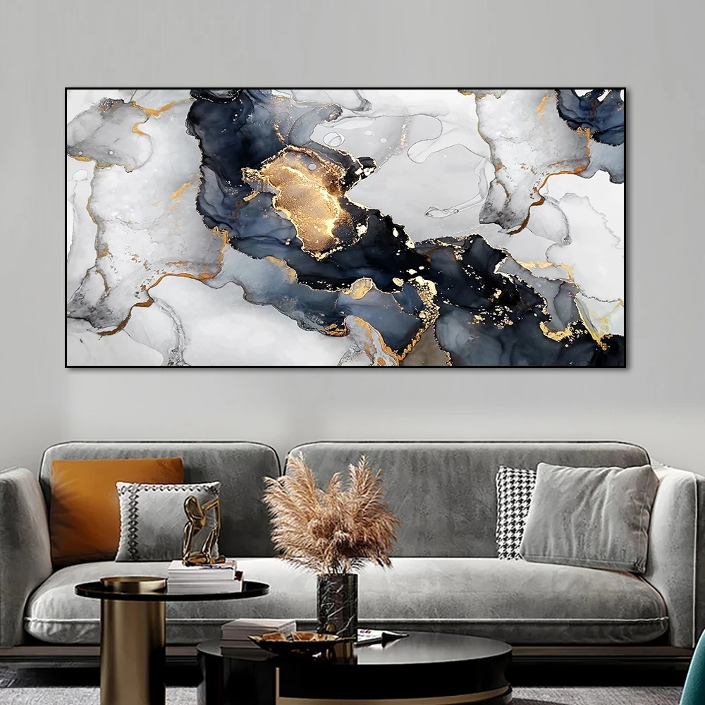 

Abstract Dark Blue Lake White Waves With Gold Foil Canvas Painting Modern Nordic Landscape Posters And Prints For Home Decor