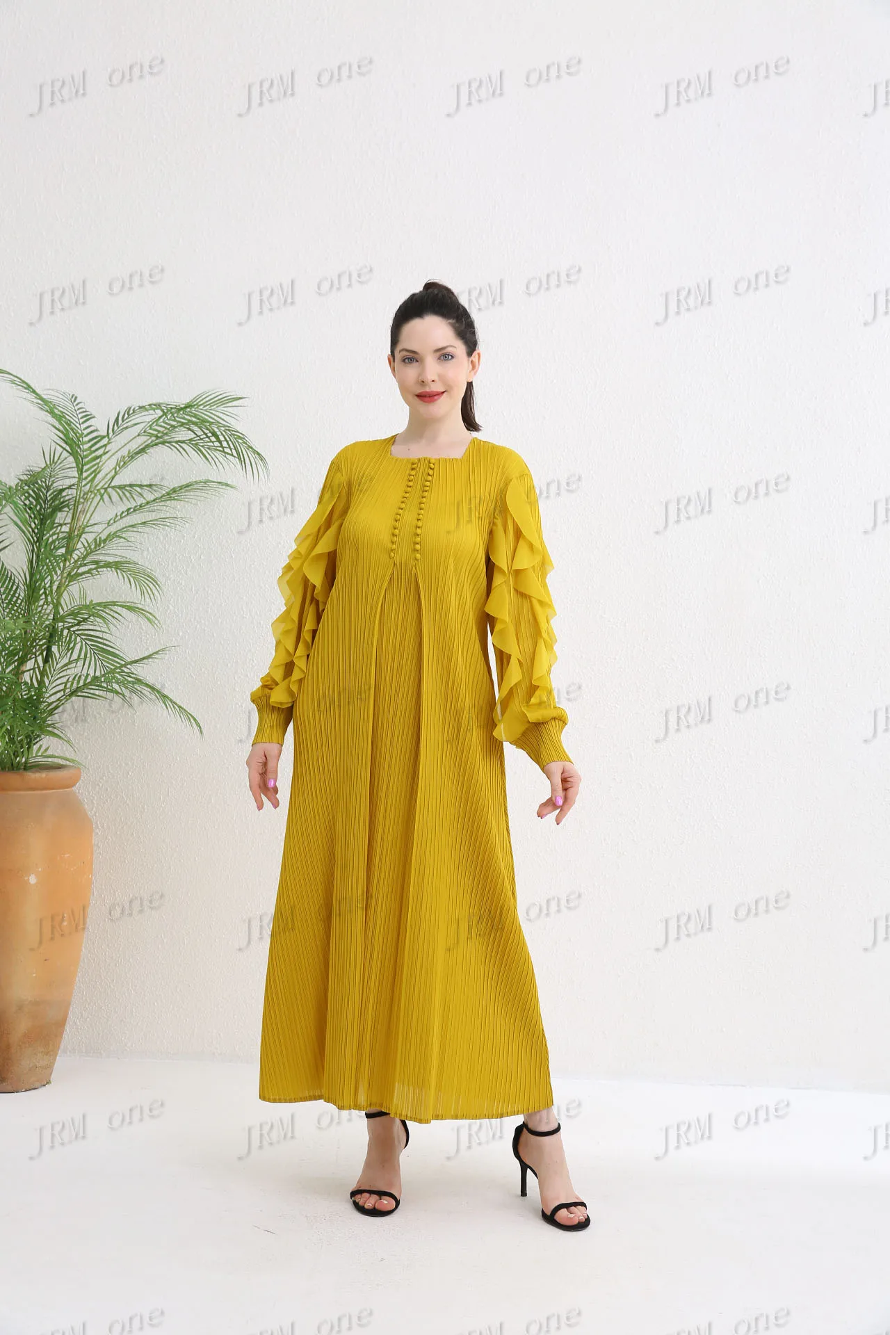 

Women's Pleated Round Neck Long Sleeve Wine Red Dress Plus Size Dresses Elegant Traf Luxury Traf New Collection Yellow Prom