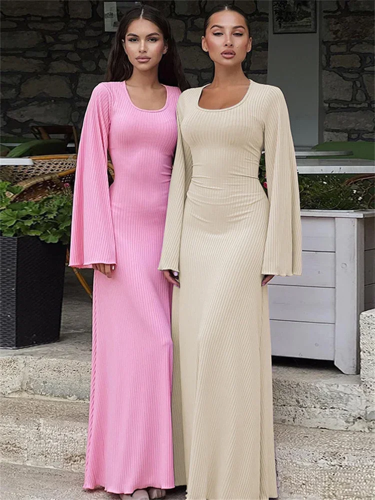 

Scoop Neck Lace-Up Ribbed Maxi Dress Female Long Sleeve Fashion Slim Loose Bandage Dress Autumn 2023 Solid Women Dress New