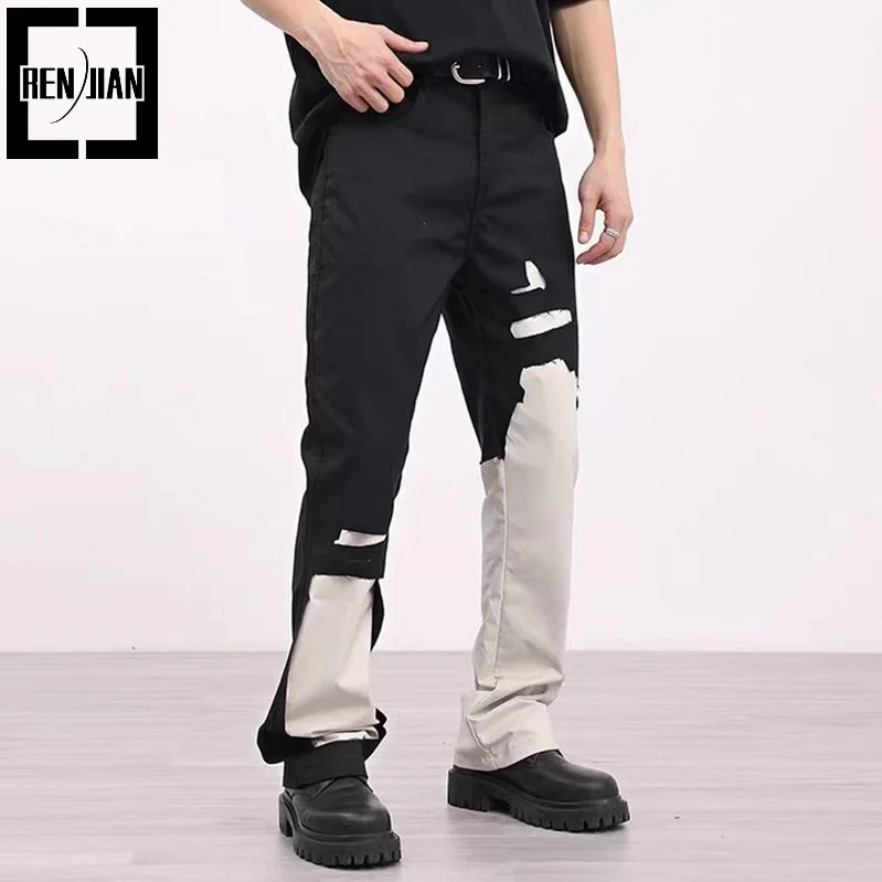 

Men's High Street Vibe Style Pants Fashion Streetwear Loose Fit Y2K Patched Trousers Destroyed Hip Hop Bottoms With Patchwork