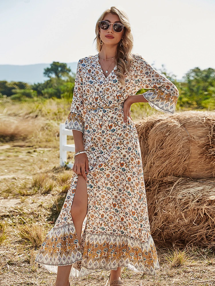 Vintage Bohemia Print Big Swing Maxi Dress Women Elegant V-Neck Long Sleeves Loose Ruffles Vestidos Beach Vacation Robe Femme
Vintage Bohemia Print Big Swing Maxi Dress Women Elegant V-Neck Long Sleeves Loose Ruffles Vestidos Beach Vacation Robe Femme