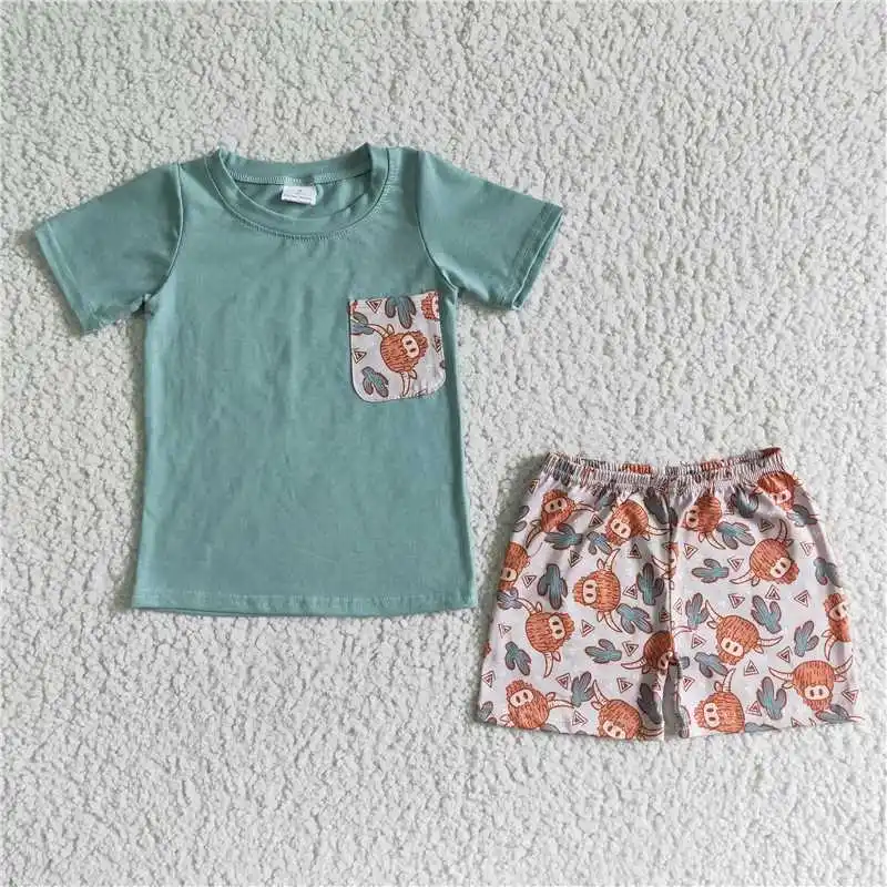 

Toddler Wholesale Summer Fashion Boys Light Green Alpine Cow Cactus Pocket Set Children Boutique Outfits Clothing Sets