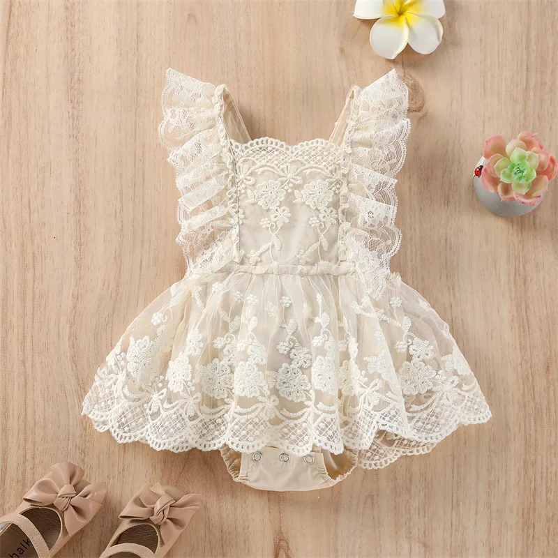 

Cute Baby Girls Summer Romper Plain Floral Lace Embroidery Romper Dress Skirt Layered Straps Snap Triangle-Bottom Jumpsuit