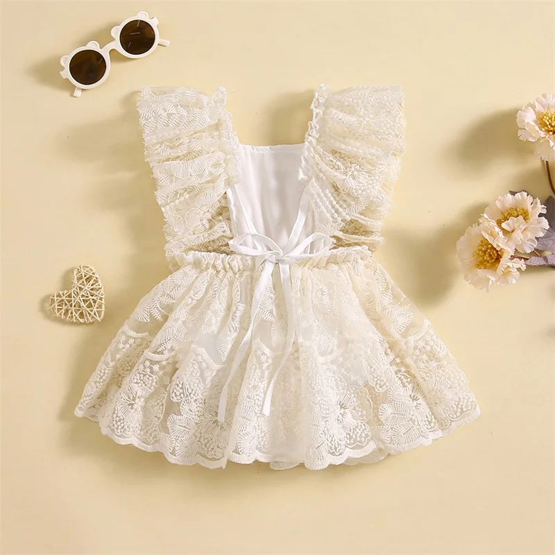 

Baby Girls Rompers Dress Lace Embroidered Fly Sleeve Layered Skirt Hem Toddler Bodysuits Tie-Up Backless Summer Clothes