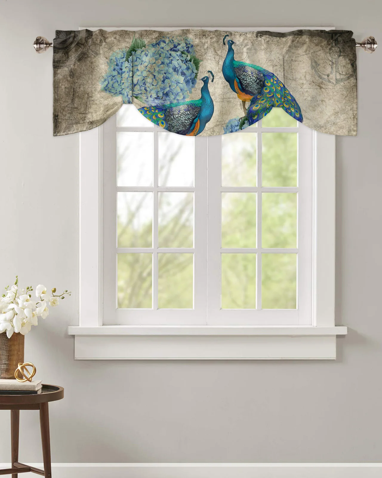 

Peacock Flower Hydrangea Retro Window Valance Curtain Kitchen Cafe Short Curtains Living Room Tie-Up Valance Curtain