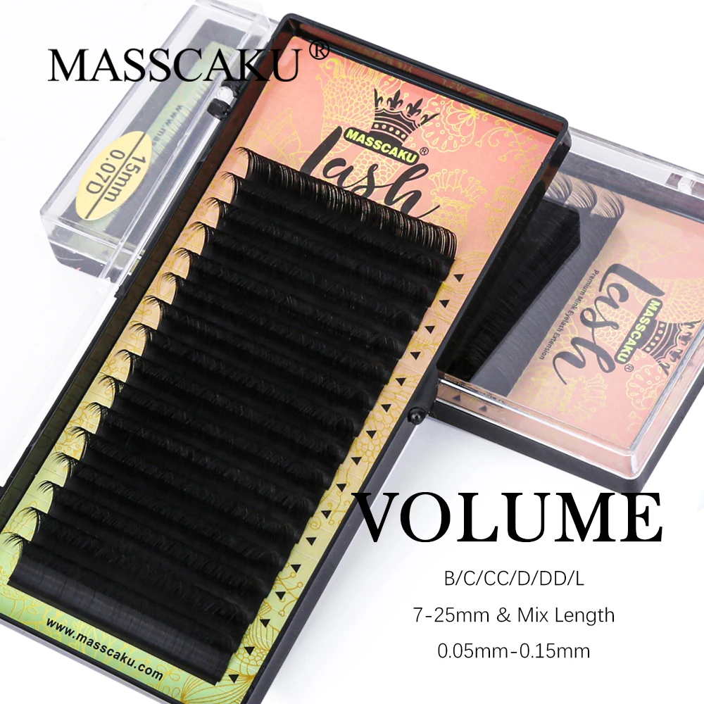 

MASSCAKU Matte Black Synthetic Mink Eyelash Extensions C/CC/D/DD Curl 16 Lines Premium Individual Faux Lashes False Eyelashes