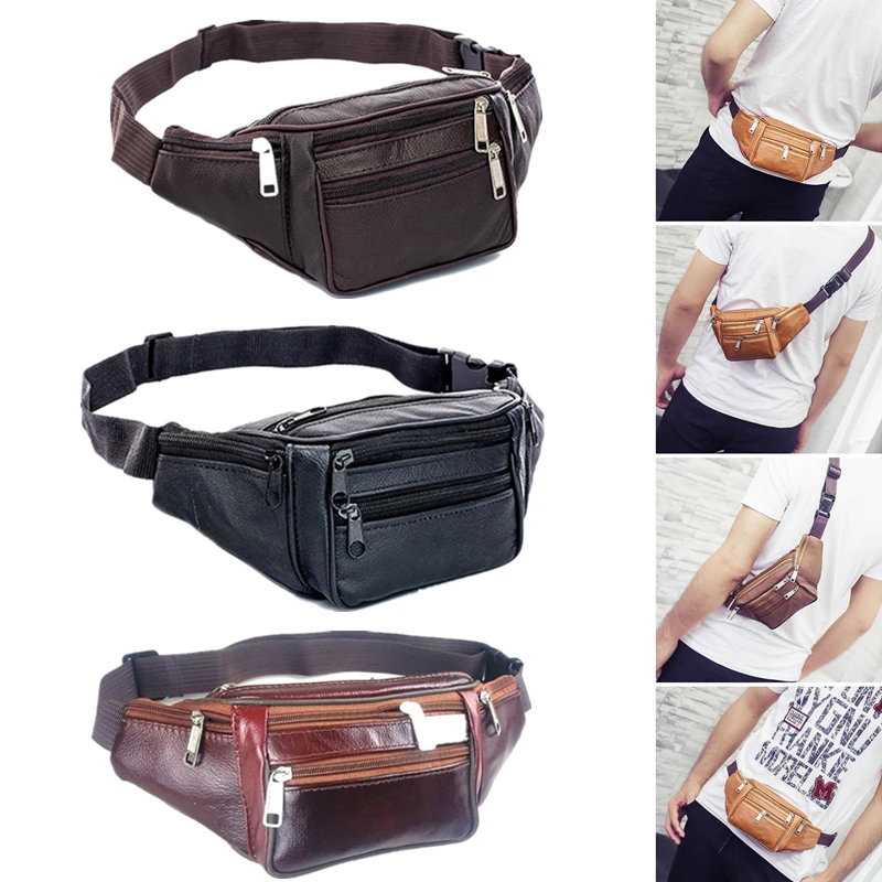 

Fashion Men Genuine Leather Waist Bag Multi-pocket and Multiple Zipper Belt Bag Adjustable Belt Fanny Pack Shopping Phone Bags